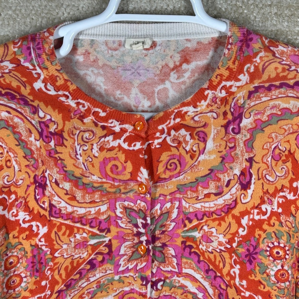 J Crew Womens Boho Paisley Cardigan Sweater Orange Pink L 100% Cotton 65086